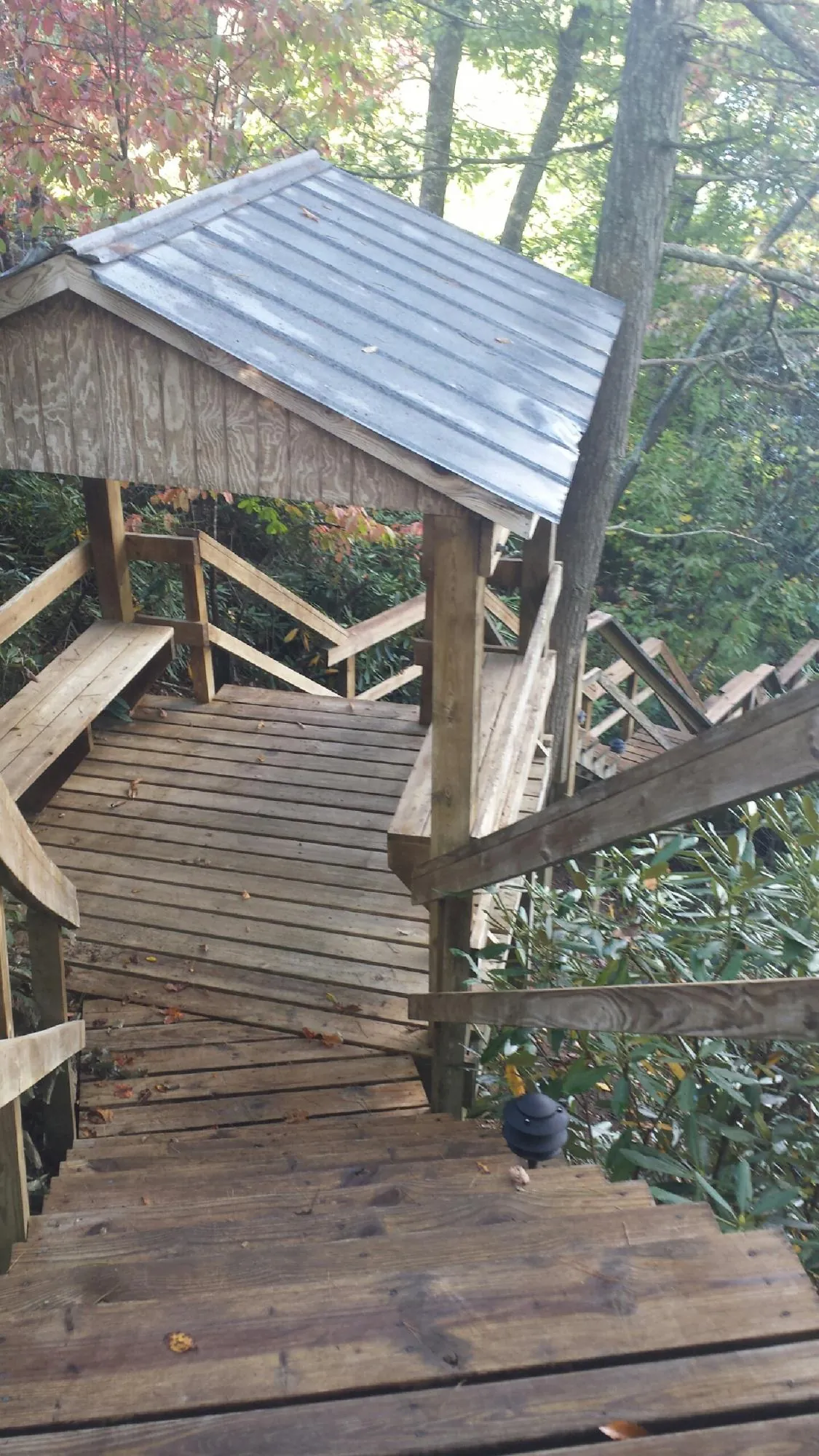 Metal roofed shelter over wooden steps on a wooded walkway — Skylight Repair & Installation work by our crew in New Iberia